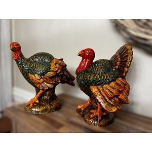 Vintage Large Ceramic Turkeys Set Centerpiece Thanksgiving